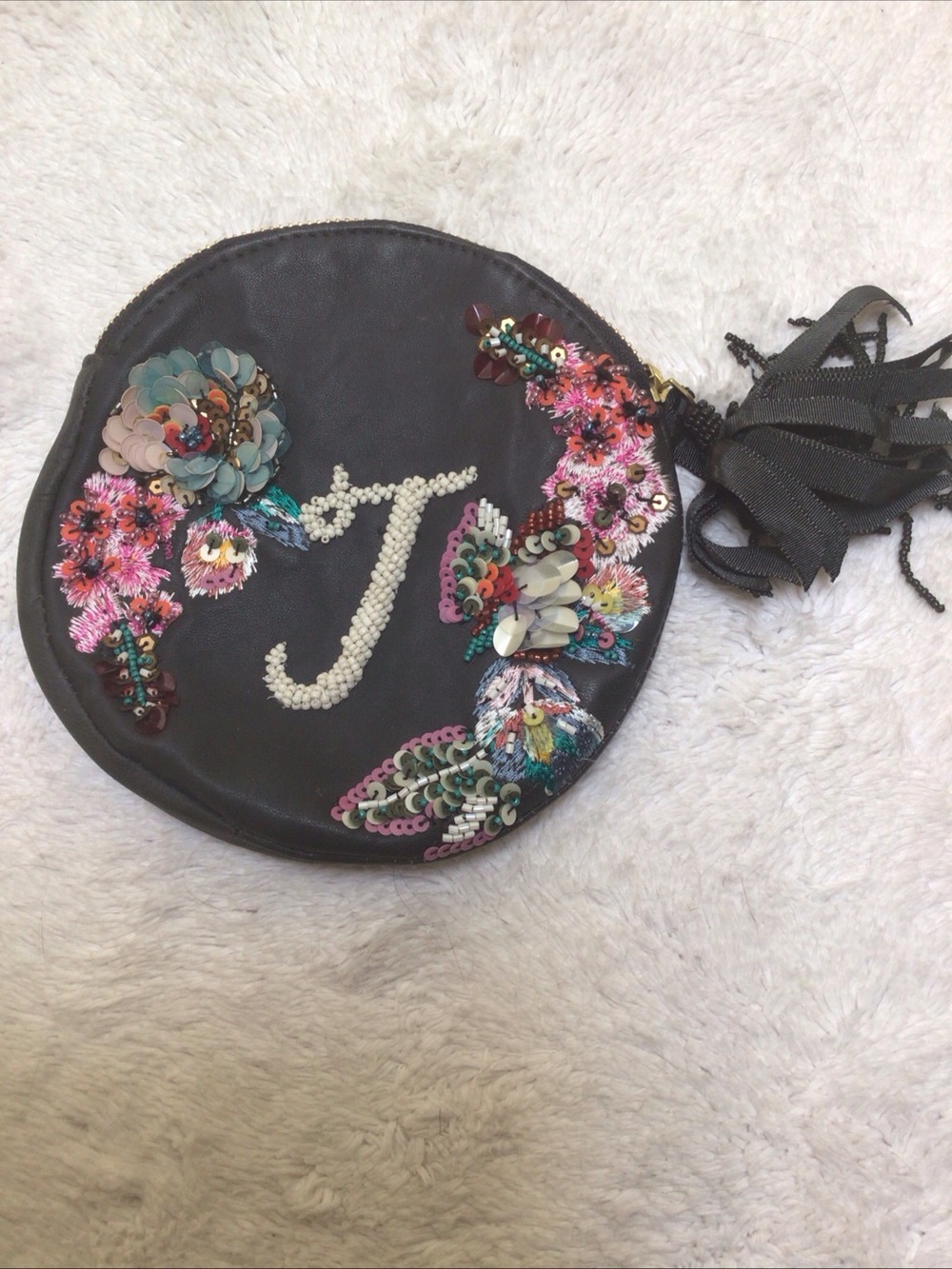 Anthropologie Black Beaded Round Wristlet with Floral Sequin Accent Leather